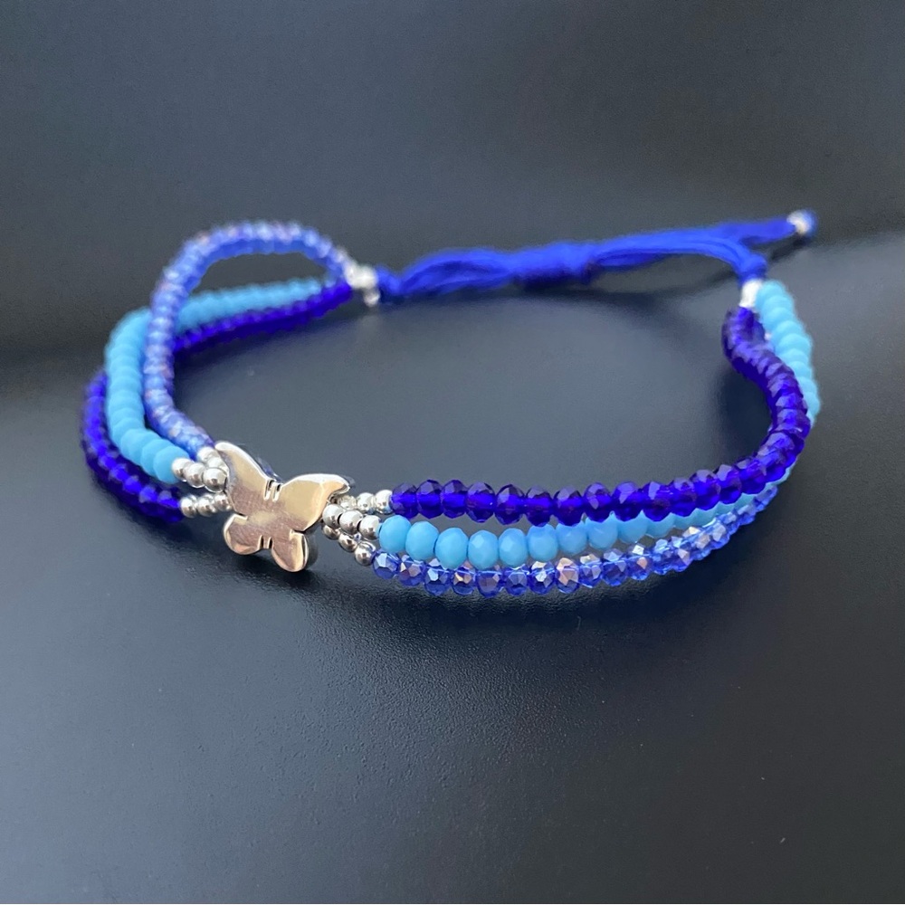 925 Sterling Silver Blue Thread  Butterfly Adjustable Three Layer Bracelet